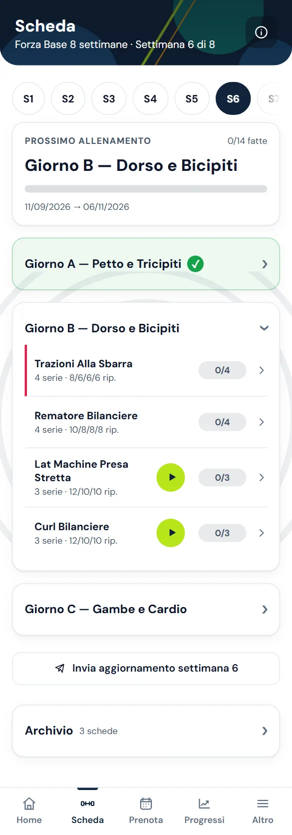 L’app MoveWithCoach del cliente: la scheda di allenamento della settimana.